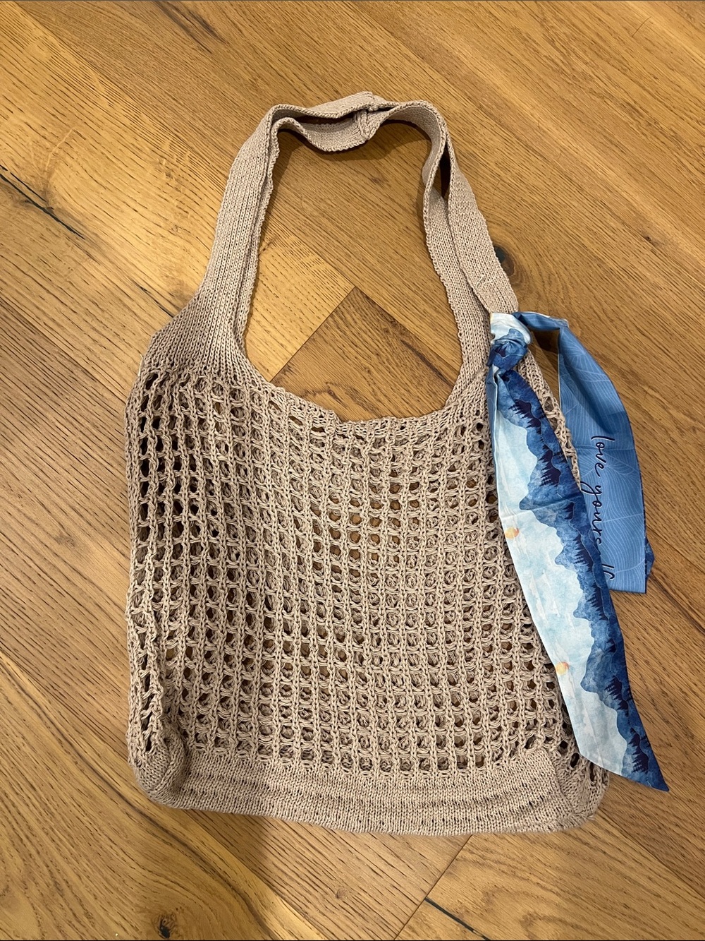 Beige Crochet Market Tote with Blue Scarf Accent